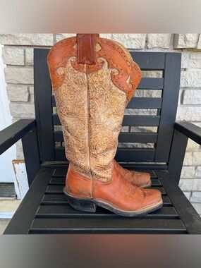 VTG Olathe Boot Co Square Toe Copper/Brown Block Heeled Tall Cowboy Boots 7B